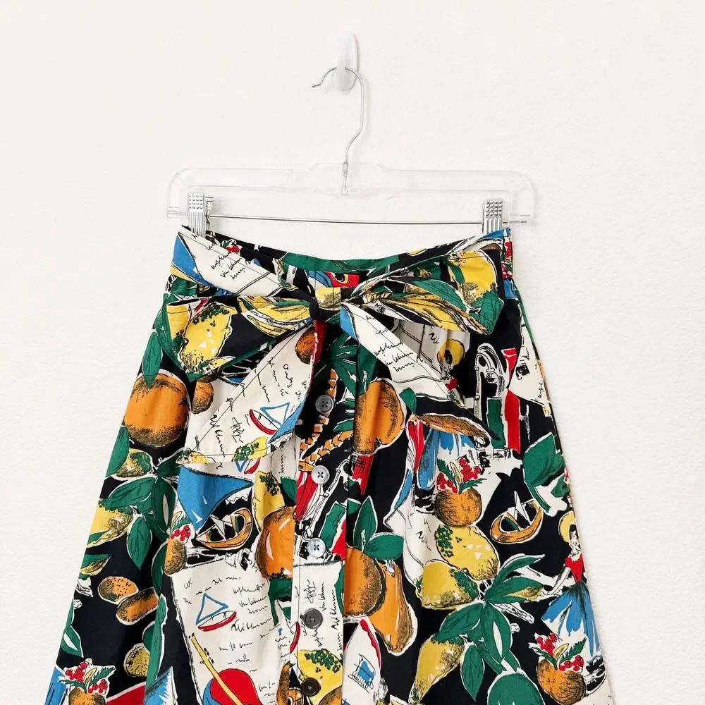 [J. Crew] Novelty Print Postcard Spain Fruit Button Front A-Line Midi Skirt Sz 0